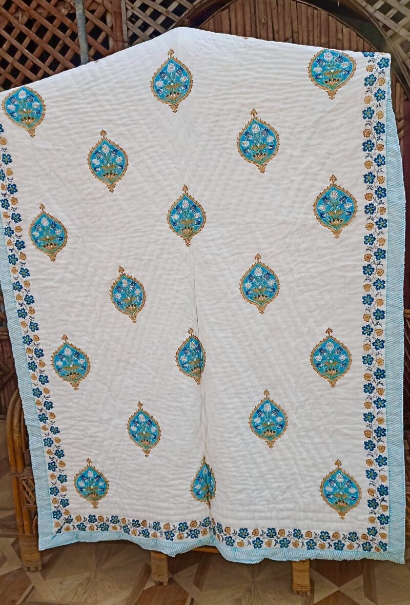 Steppdecke aus Baumwolle Handbedruckt Einzelbett Ornamente in türkis